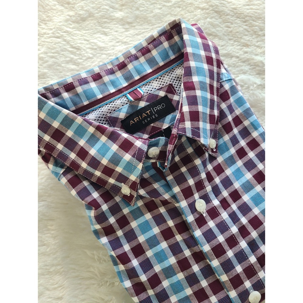 Ariat Pro Series Mens LT Long Sleeve Plaid Button Down Shirt Burgundy Blue White